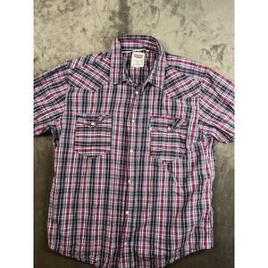 Levis Strauss Shirt Mens Large RED Plaid Short Sleeve Pearl Snap Western‎